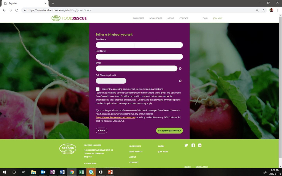 Screen shot of how Register your account on Food Rescue.ca